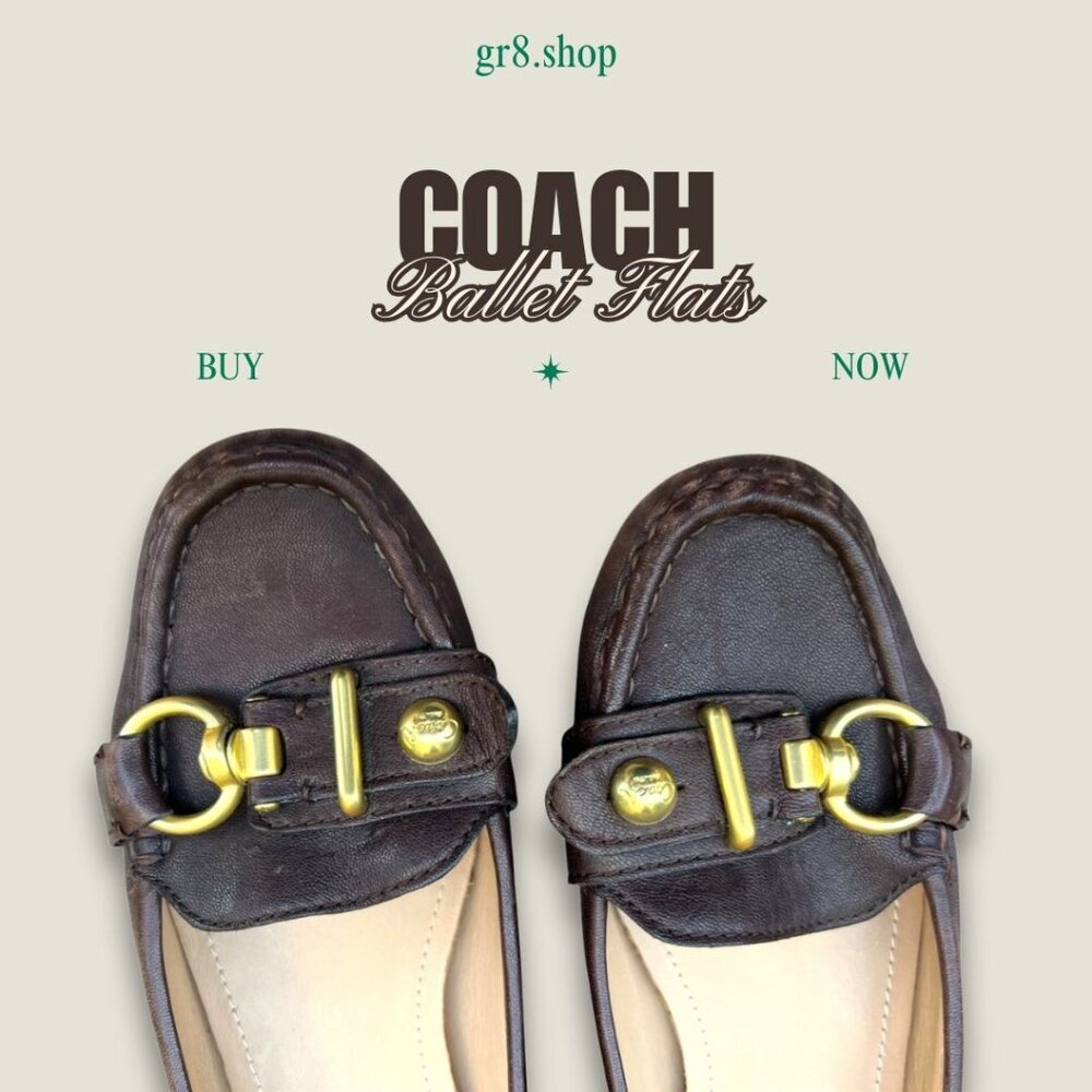 Coach Brown Leather Ballet Flats W/ Gold Hardware & Buckle Accents Sz 7.5 Stylis